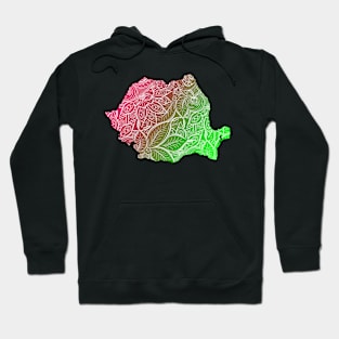 Colorful mandala art map of Romania with text in pink and green Hoodie